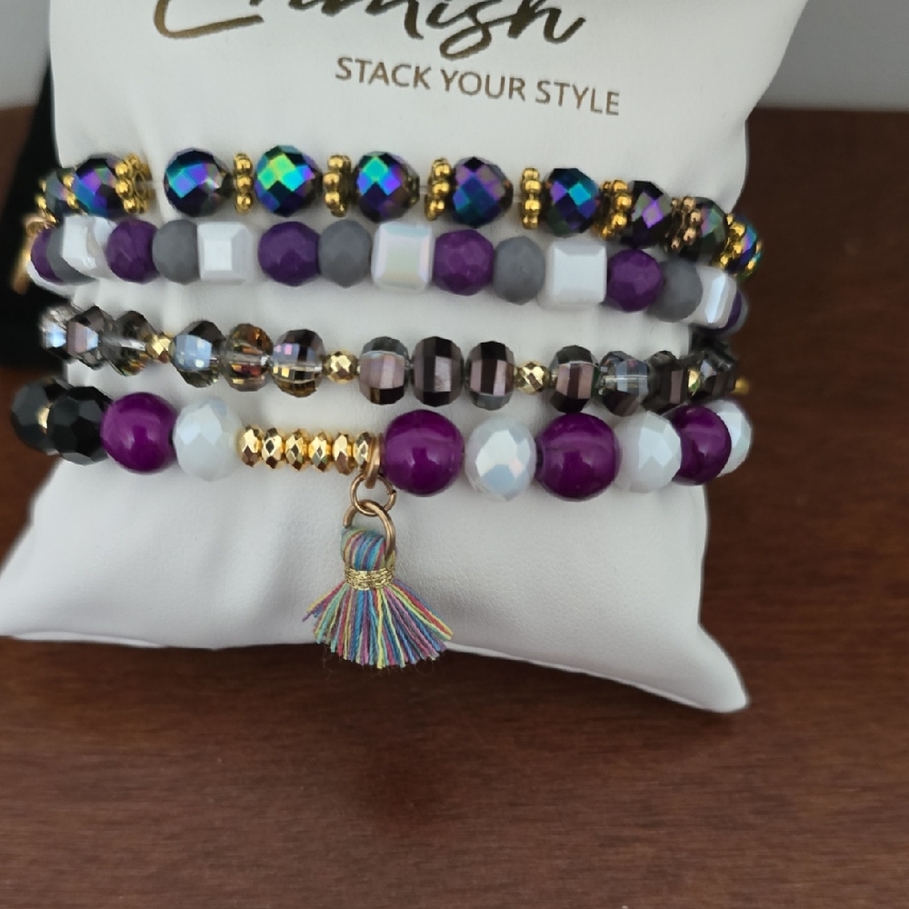 Erimish Purple Multi-Bead Stackable Bracelet Set with Tassel ( NWOT)